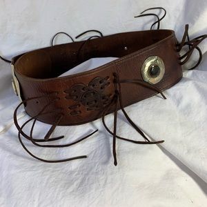 Vintage Moroccan brown wide leather belt with stones fringes bohemian small